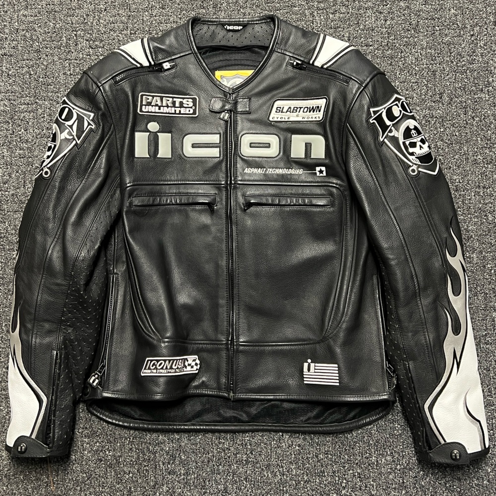ICON Rare "Crest" Black/White Leather Motorcycle Jacket w/Full Padding Large